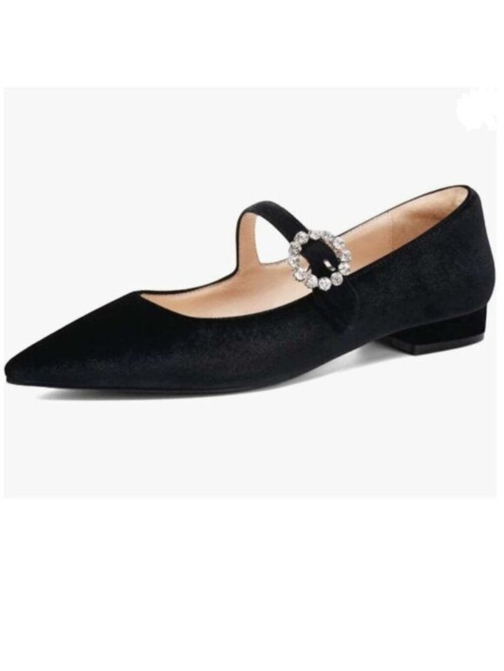 XYD Black Velvet Pointed Toe Low Heel Rhinestone Buckle Strap Mary Jane Pump